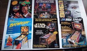 Pinball FLYERS Star Wars Space Jam NBA Congo Dirty Harry Baywatch Vintage Orig.